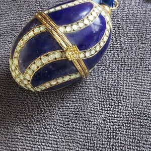 Blue Enamel & Gold Egg Pendant with Rhinestone Accents